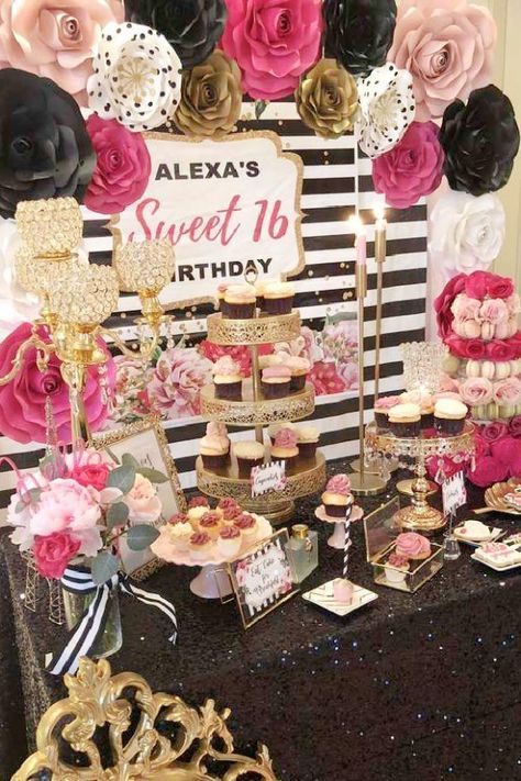 A favorite theme that's also perfect for a sweet 16 is a Kate Spade party. Make sure you decorate your dessert table with her famous black and white stripes and pops of pink, black, and gold. See more party ideas and share more at CatchMyParty.com Kate Spade Birthday Party Decoration, Pink Black Gold Party, Kate Spade Birthday Party, Sweet 16 Party Themes, Black And Gold Party Decorations, Kate Spade Party, Sweet 16 Centerpieces, Pink Sweet 16, Cake Table Birthday