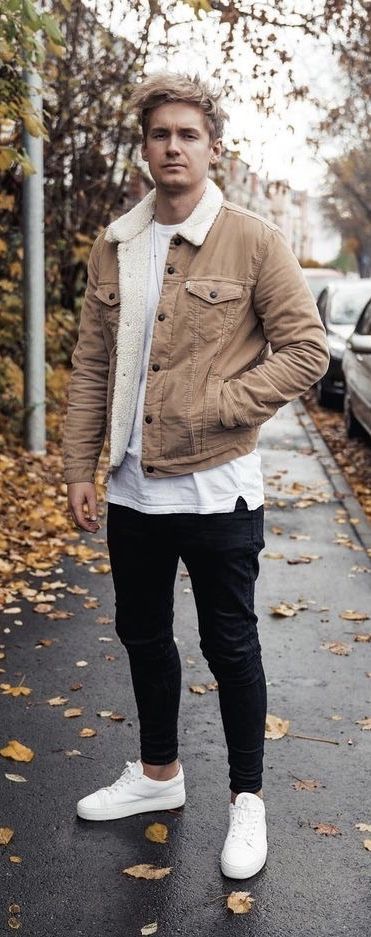 Shearling trucker jacket, white t-shirt, black jeans, white sneaker 1 Mens Brown Corduroy Jacket Outfit, Brown Sherpa Jacket Outfit Men, Brown Denim Jacket Outfit Men, Beige Denim Jacket Outfit, Corduroy Jacket Outfit Men, Sherpa Jacket Outfit Men, Men Streetwear Aesthetic, Corduroy Jacket Outfit, Black Outfit Winter