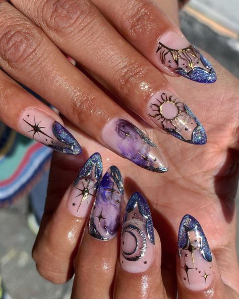 Blue Gold Nails, Halo Nails, Mystic Nails, Cosmic Nails, Crazy Nail Designs, Boho Nails, Witchy Nails, Hippie Nails, Edgy Nails