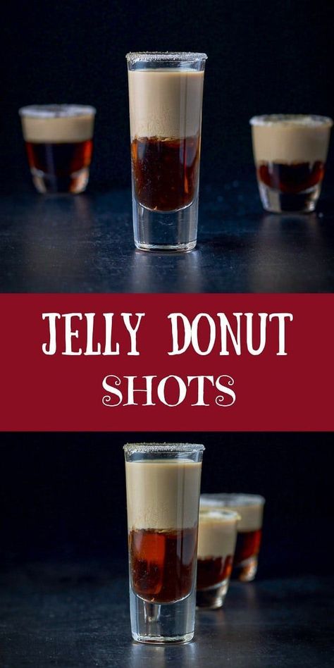 This jelly donut shot recipe is so fabulous!  You layer Chambord and Baileys and when you shoot it, you get a delicious jelly donut taste in your mouth! No chewing needed :) #jellydonutshot #jellydonut #layeredshot #Chambord #BaileysIrishCream #dishesdeli Jelly Donut, Cocktail Shots, Jello Shot Recipes, Shots Alcohol, Liquor Drinks, Boozy Drinks, Shot Recipes, Cocktail Drinks Recipes, Jello Shots