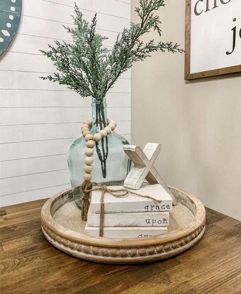 Passageway Decor, Farmhouse Coffee Table Decor, Wood Bead Tassel, Coffee Table Decor Living Room, White Tray, Table Decor Living Room, Tray Styling, Coffee Table Farmhouse, Island Decor