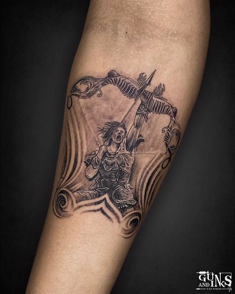 Arjuna tattoo at @gunsandinkstattoos . . . . . #arjuna #arjunatattoo #customtattoo #gunsandinkstattoos #besttattoostudioinhyderabad #tattoostudioingachibowli #hyderabad #gachibowli #femaletattooartist #tattootraining #tattootrainingcourse #tattootraininginstitute #smalltattoo #minimaltattoo #minitattoo #tattoostudioingachibowli #artist #artistsoninstagram #artoftheday #artstudio #hyderabadtattoostudio #hyderabadtattooartist #hyderabadtattoos #hyderabadtattooschool #indiatattoos #tattoos #t... Arjuna Tattoo Design, Suryaputra Karna Tattoo, Arjuna Tattoo, Arjun Tattoo, Suryaputra Karna, Tattoo Font For Men, Mantra Tattoo, Tattoo Font, Small Tattoo