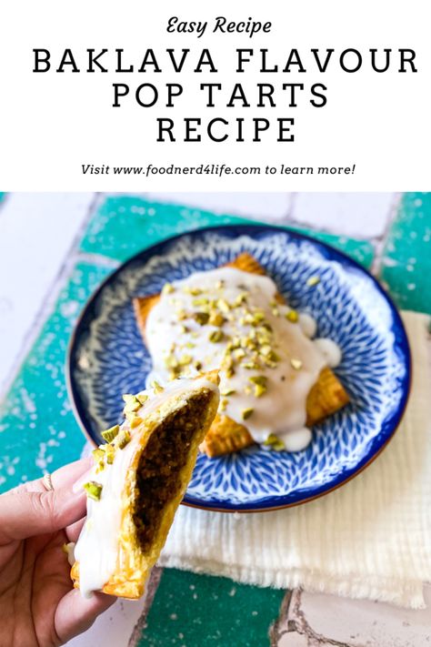 New Recipe - Baklava Pop Tarts! Crispy buttery pastry, pistachio and cinnamon frangipane filling with a classic icing topping and pistachio shard topping. A delicious way to start the day with a strong coffee for this grown-up take on the classic Pop-Tarts. . . . . #baklava #poptarts #poptartrecipe #baklavarecipe #baklavaathome #pistachio #pistachiolovers #pistachiorecipes #pastry #breakfastpastry #breakfastideas Pie Crust Pop Tarts, Recipe For Baklava, Savory Pop Tarts, Pop Tart Recipe, Pop Tarts Recipe, Group Breakfast, Waffle Ideas, Morning Treats, Poptart Recipe