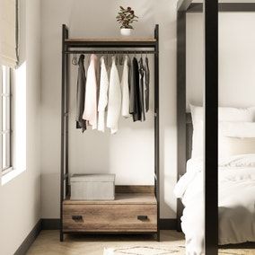 Industrial Open Wardrobe, Open Wodrob Design, Hotel Storage Room, Wardrobe Hanging Rail Ideas, Small Open Wardrobe Ideas, Open Dresser Ideas, Open Hanging Closet, Open Closet In Bedroom Small Spaces, Open Wardrobe Ideas Small Spaces