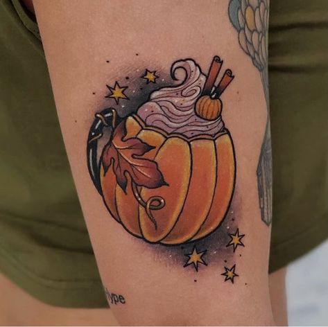 Fall Book Tattoo, Pumpkin Spice Tattoo, Skin Artwork, Fall Tattoos, Goth Tattoos, Horror Tattoos, Balloon Tattoo, Cup Tattoo, Pumpkin Tattoo