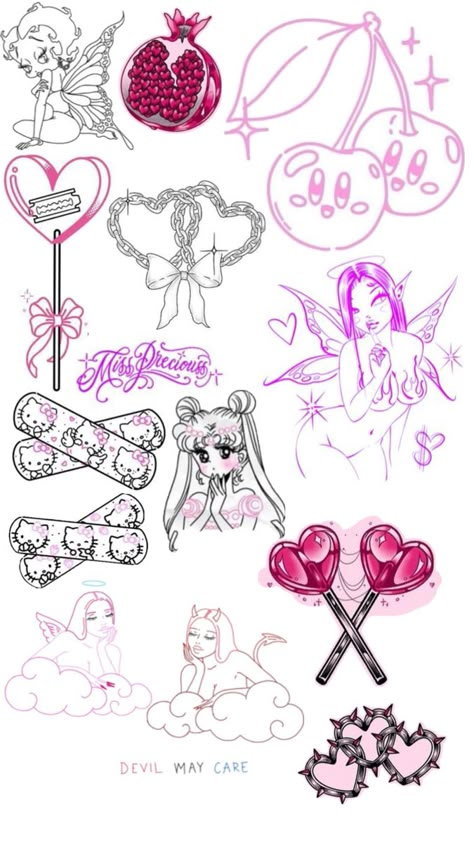 Kitty Tattoos, Tattoo Lettering Design, Cool Tattoo Drawings, Hello Kitty Tattoos, Kawaii Tattoo, Flash Tattoo Designs, Cute Tiny Tattoos, Flash Sheet, Cute Little Tattoos