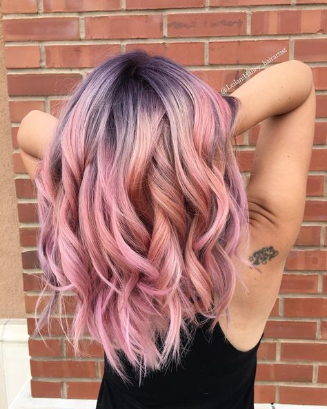 Purple shadow root pink hair with curls Purple Shadow Root Pink Hair, Pink Hair With Root Smudge, Pastel Pink Hair With Shadow Root, Pale Pink Hair Dark Roots, Pink With Shadow Root, Colorful Shadow Root, Shadow Root Colored Hair, Pastel Pink Hair Dark Roots, Pink Hair Shadow Root