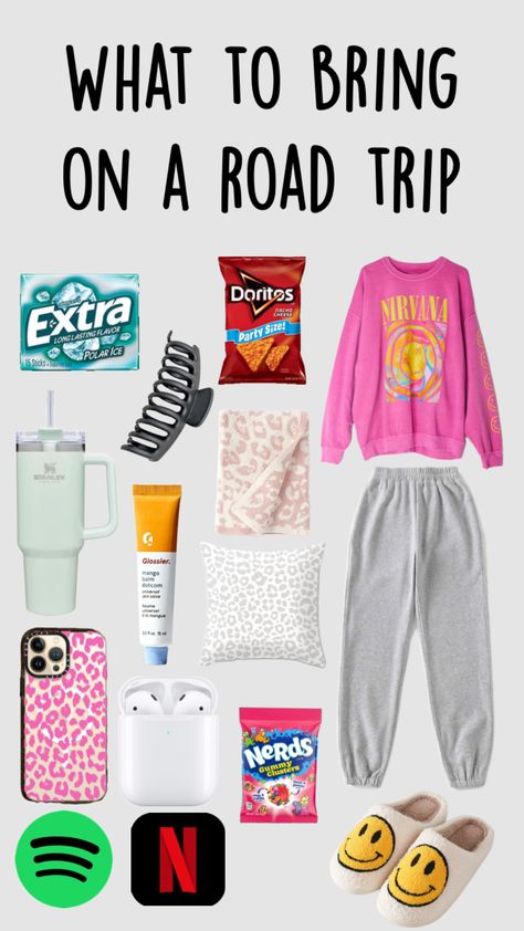 Road-trip essentials Outfits For A Road Trip Summer, Snack Ideas Road Trip, Car Ride Essentials Road Trips, Rode Trip Outfit, 10 Hour Road Trip Essentials, 5 Hour Road Trip Essentials, Road Trip Bag Essentials, 3 Hour Road Trip Essentials, 2 Hour Road Trip Essentials