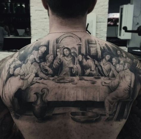 The Last Supper tattoo Last Supper Stomach Tattoo, Final Supper Tattoo, Last Supper Back Tattoo, Last Supper Tattoo Design, The Last Supper Tattoo, Religous Tattoo, Mens Tiger Tattoo, Cool Half Sleeve Tattoos, Artsy Tattoos