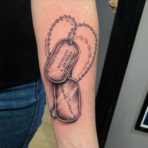 Realistic dog tag tattoo forearm Dog Tag Tattoo Design, Dog Tag Tattoo, Dog Tags Tattoo, Tag Tattoo, Praying Hands Tattoo, Tattoo Forearm, Navy Anchor, Tattoos Designs, Dog Flower