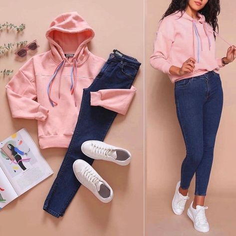 Pink hoodie, Jeans, White sneakers - Casual Outfit How To Style Pink Hoodie, Teen Fashion Outfits Winter, Pink Hoodie Outfit, Jeans White Sneakers, Clothes Combinations, Casual College Outfits, Trendy Dress Outfits, Trendy Fashion Tops, Mode Casual