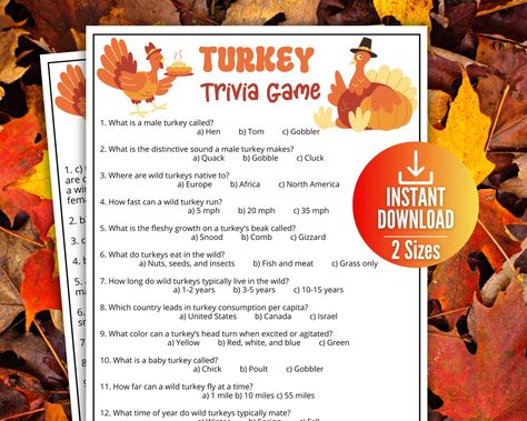 Make your Thanksgiving celebration more fun with this Turkey trivia game! Perfect for all ages.  This comes with an answer key as well as the option to print 2 per page to save paper. And, check out my Thanksgiving game bundle.  More than 75^ off. https://www.etsy.com/TheFlooringGirl/llisting/1575286277 This is a digital download. Print as many times as you need! Hit that ♥︎ to Favorite this Game! To Use: - Download your game from your Etsy purchases from your computer - Print your game - Have f Turkey Trivia, Thanksgiving Trivia Game, Turkey Race Game, Thanksgiving Trivia With Answers For Kids, What’s Your Turkey Name Game, Thanksgiving Outburst Game, Turkey Games, Fall Party Games, Fall Games