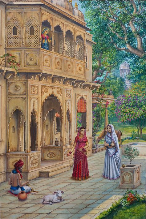 Purnamasi in house of Kirtida Print by Vrindavan Das. Indian painting Indian Paintings Traditional, Rajasthani Painting, राधा कृष्ण वॉलपेपर, Timur Tengah, India Painting, Indian Illustration, Arte Folk, Art Indian, Art Village