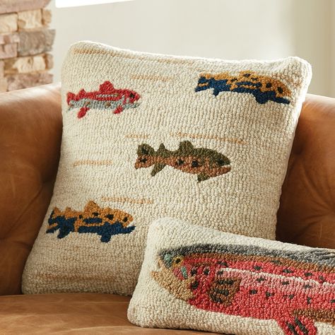 Trout Stream Hooked Wool Pillow | Black Forest Decor Brown Leather Couch, Hooked Wool, Wool Pillow, Wool Pillows, Dream House Decor, Rug Hooking, House Inspo, My New Room, Boy's Room