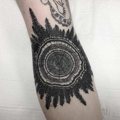 Tree Trunk Tattoo, Trunk Tattoo, Tree Ring Tattoo, Wilderness Tattoo, David Hale, Ring Tattoo, Elbow Tattoo, Circle Tattoo, Sick Tattoo