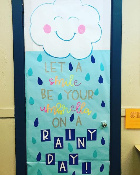 Rain, rain, go away. Come again another day! 🌧☔️ New spring classroom door inspired by @schoolwithjules ! Stay positive everyone! 🤗 . . . .… Rain Theme Classroom Door, Rain Day Decoration In School, Weather Classroom Door Ideas, Rainy Season Classroom Decoration, Rain Classroom Decorations, April Theme Classroom Door, Rainy Day Bulletin Board Ideas, Weather Themed Classroom, Kindergarten Classroom Door Decorations