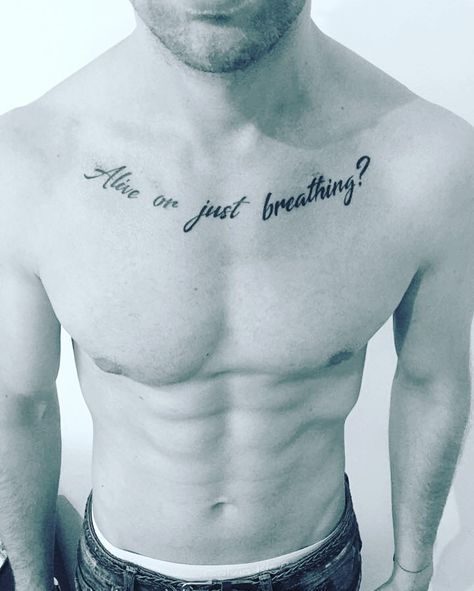 Breathing Tattoo, Alive Or Just Breathing, Chest Tattoo Fonts, Just Breathe Tattoo, Pelvic Tattoos, Celtic Tattoos For Men, Animal Tattoos For Men, Tattoo Diy, Strength Tattoo