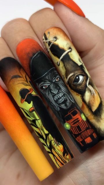 Halloween Colorful Nails, Halloween Horror Nails Acrylic, Jeepers Creepers Nails, Horror Nail Ideas, Ghostbusters Nail Art, Halloween Nails Jason, Trick R Treat Nails, Wednesday Inspired Nails, Saw Nails Halloween