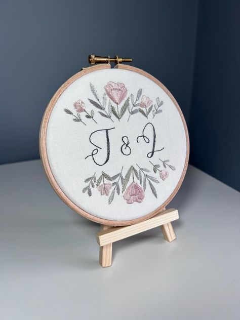 A intricately hand sewn hoop perfect as wedding or anniversary gift. This personalised embroidery makes a meaningful keepsake to be displayed & treasured for years to come.  Size 5" hoop Love this design but would like it in a different colour?  Please message me and I will happily make a bespoke design. Anniversary Embroidery, Personalised Embroidery, Wedding Embroidery, Cotton Anniversary, Embroidery Gifts, Blush Flowers, Couple Items, Personalized Embroidery, Personalized Anniversary