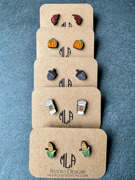 Excited to share this item from my #etsy shop: Fall Stud Earrings, PSL Earrings, Corn Cob Earrings, Pumpkin Earrings, Halloween Earrings, Wood Earrings, Leaf Earrings, Acorn Earrings #fallearrings #coffeecupearrings #corncobearrings #pslearrings #acornearrings #woodstudearring #woodearrings #cutepumpkin #nickelfreestud Fall Wooden Earrings, Wood Laser Engraving Machine, Acorn Earrings, Laser Cut Decor, Sticker Design Inspiration, Wood Earrings Stud, Laser Engraved Gifts, Corn Cob, Earrings Leaf