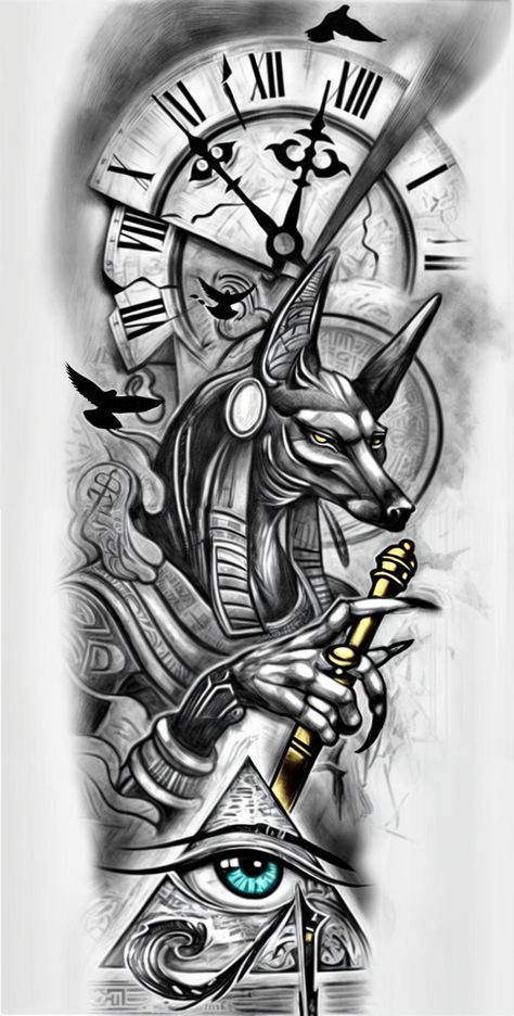 Egypt God Tattoo, Gods Of Egypt Tattoo Design, Eygptain Tattoos Design, Egypt Tattoo Ideas, Anubis Tattoo Design Ideas, Unique Tattoo Stencils, Leg Sleeve Tattoos, Leg Tattoo Ideas, Anubis Tattoo