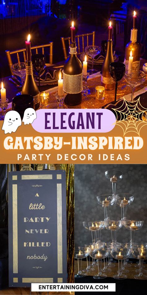 DIY Great Gatsby Decorations | New Years Eve Party Ideas Gold Party Decorations Diy, Great Gatsby Decorations, 20s Party Decorations, Gatsby Decorations, Gatsby Birthday Party, Gatsby Gala, Gatsby Party Decorations, Speakeasy Party, Great Gatsby Themed Party