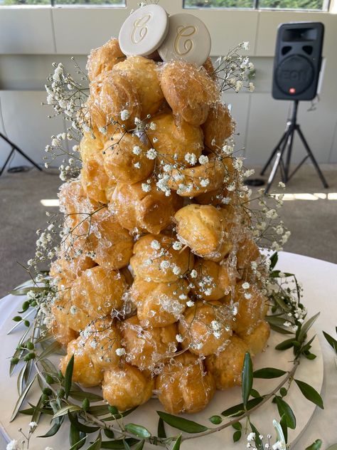 First Communion Dessert Table, Macaron Tower Wedding, Choux Tower, Wedding Croquembouche, Croquembouche Wedding, Cake Alternatives, Creme Puff, Pooh Party, 21st Cake