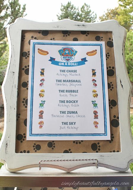 A Paw Patrol Birthday Party - themed menu board Paw Patrol Party Ideas Food Hot Dog Bar, Paw Patrol Signs For Party, Paw Patrol Hot Dog Menu Printable, Paw Patrol Drink Ideas, Paw Patrol Drinks, Paw Patrol Birthday Snacks, Paw Patrol Hot Dog Bar, Paw Patrol Party Food, Paw Patrol Birthday Theme