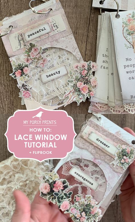 Junk Journal Cards with lace window tutorial Junk Journal Vellum Ideas, Junk Journal Cards Ideas, Junk Journal Ephemera Ideas, Junk Journal Tags Ideas, Junk Journals Ideas, Junk Journal Pockets And Tucks, Junk Journal Ideas Inspiration, Paper Flip Book, Junk Journal Tutorial