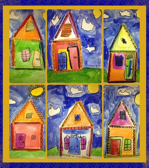 First grade students created Popsicle stick houses inspired by the shotgun style homes of New Orleans, Louisiana. Students used bright color tempera paint with a black sharpie finish! Follow my classroom blog: ericksonartroom.weebly.com Kindergarten House Art, Preschool Artwork, Senior Infants, Dream House Drawing, Popsicle Stick Houses, First Grade Art, Kindergarten Art Lessons, Kindergarten Projects, Kindergarten Art Projects