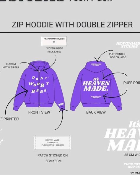 One of the best feelings on 🌎 When your Idea becomes reality 🪽 Our "Dont worry Babe" Zip Hoodie is made out of 450 GSM Heavyweight cotton ⚖️ and will feature a unique 3D puff print on the Front and Back as well as a customized double zipper. Comment „🔥“ #streetwear #clothingbrand #purple #ziphoodie #fashiongram #designer Zipper Hoodie Design, Puff Hoodie Design, Streetwear Hoodie With Zip Cuffs, Zip Up Hoodie Graphic, Puff Print Hoodie Streetwear, Full Zip Up Hoodie Puff Print, Hoodie Streetwear, Don't Worry, Zipper Hoodie