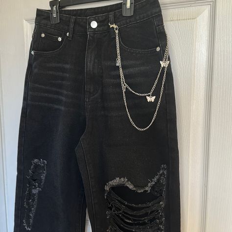 Cider Black Ripped Jeans Butterfly Chain Size: Small 100% Cotton New With Tags Pants Ripped Jeans, Celestial Jeans, Ripped Jeans Aesthetic, Dark Ripped Jeans, Black Ripped Jeans Outfit, Jeans Butterfly, Ripped Black Jeans, Jeans With Chains, Baggy Ripped Jeans