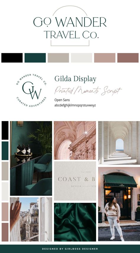 Lina, the founder of Go Wander Travel Co., desired a timeless, modern, feminine, and sophisticated appearance for her brand. To achieve this, we created a color palette that includes dark green, blush, mauve, and neutrals.The logo is designed to be timeless and features a minimal arch detail. The small details and refined use of a feminine serif font create a sophisticated and detail-oriented impression. Check our her branding here! Dark Green Brand Color Palette, Luxury Brand Color Pallete, Sophisticated Color Palette Branding, Luxury Branding Color Palette, Professional Mood Board, Luxury Color Palette Branding, Dark Green Color Palette, Luxury Color Palette, Neutral Branding