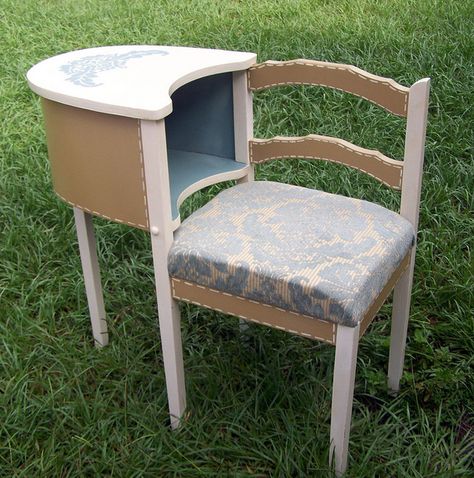 Vintage hand-painted gossip bench by Heather MBC Designs, via Flickr Telephone Bench Makeover, Gossip Benches, Phone Chair Vintage, Telephone Chair Vintage, Telephone Seat Vintage, Vintage Telephone Table, Vintage Gossip Bench, Phone Table, Gossip Bench