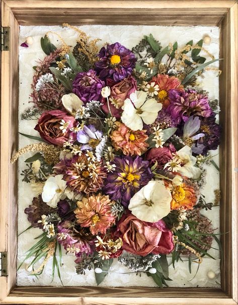 Colorful dahlias, roses, cosmos, wildflower bridal bouquet preserved in shadow box Shadow Box Pressed Flowers, Dried Flowers Shadow Box Ideas, Dried Flower Shadow Box Ideas, Wedding Bouquets Shadow Box Diy, Wedding Shadow Box Ideas, Dried Flower Shadow Box, Shadow Box Flowers, Romantic Wedding Florals, Preserved Bridal Bouquet