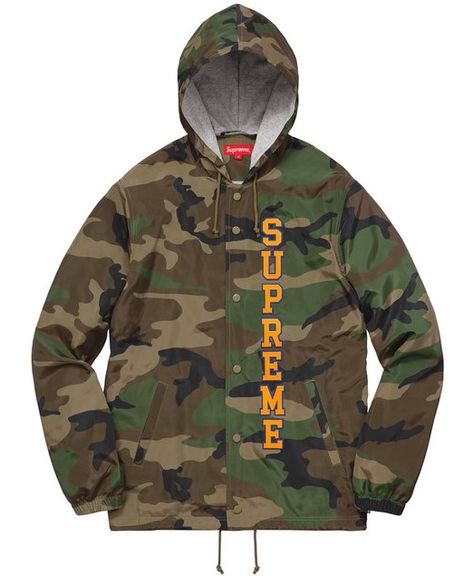 SUPREME VERTICAL LOGO HOODED COACHES JACKET WOODLAND. #supreme #cloth Vertical Logo, Coaches Jacket, Hot Sneakers, Coach Jacket, Spring Summer 2017, Mens Outerwear, Light Jacket, Motorcycle Jacket, The North Face