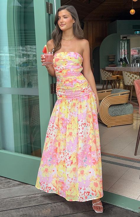 Sinclair Yellow Floral Print Strapless Maxi Dress Long Brunch Dress, Green Strapless Sundress, Strapless Yellow Floral Dress, Summer Birthday Dress, Wedding Guest Dress Floral, Pastel Maxi Dress, Lunch Dress, Long Flowy Dress, Dresses For The Races