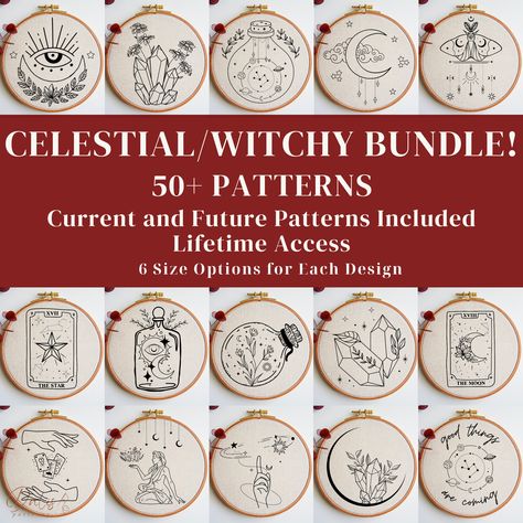 Witchy and Celestial Embroidery PDF Patterns Bundle, Beginner Hand Stitching, Needlepoint Design Files for DIY Hoop Art, Instant Download Digital Files with 6 Different Size options is ready to download in our shop! Reverse images are also included. In 24 hours after your purchase, you will receive a link to our Google Drive. There you will be able to download all of our embroidery patterns and have a lifetime access of all our embroidery patterns. WHAT YOU WILL GET: * PDF templates with 6 different size options for all the categories except Monogram patterns.  * Size options: 3"/7.6 cm, 4"/10.16 cm, 5"/12.7 cm, 6"/16.24 cm, 7"/17.7 cm and 8"/20.32 cm * Size options for Monogram designs: 4 inch/10.16 cm, 6 inch/16.24 cm and 8 inch/20.32 cm * Reverse versions of the patterns in each size op Pagan Embroidery Patterns, Free Embroidery Patterns Pdf, Witchy Embroidery Patterns, Embroidery Witchy, Witchy Embroidery, Celestial Embroidery, Embroidery Beginner, Moon Embroidery, Digital Embroidery Patterns