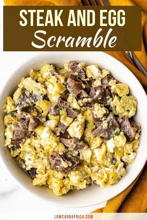 Need a new recipe for your leftover steak? This easy steak and eggs scramble recipe is all you need for a filling nutritious breakfast or brunch! #lowcarb #lowcarbrecipe #ketorecipe #ketodiet #lchf #paleo #easydinner #easyketodinner | LowCarbAfrica.com Steak N Eggs Breakfast, Leftover Steak Breakfast, Steak And Eggs Meal Prep, Leftover Steak Breakfast Ideas, Leftover Steak And Eggs, Leftover Steak Recipes Breakfast, Steak And Scrambled Eggs, Steak And Eggs Breakfast Scramble, Steak And Eggs Dinner