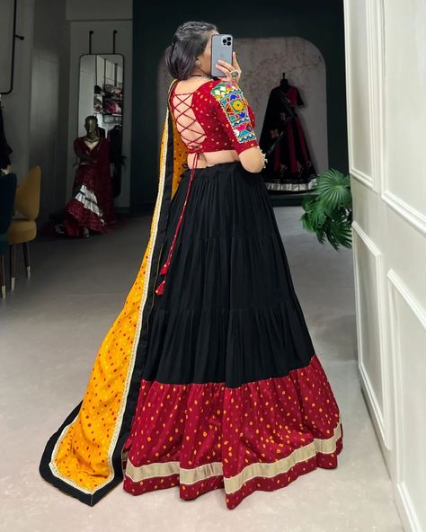 "Own the Garba night in our stunning black Navratri outfits! Dazzle with bold elegance and make unforgettable moves! #weareffortlessly #NavratriCollection2024 #GarbaVibes #BlackBeauty #FestiveFashion #NavratriStyle #DanceTheNight #GarbaNight #NavratriGlam" ▪️Lehenga (Stitched) Lehenga Fabric : Pure Rayon And Dola Silk Lehenga Work : Plain And Bandhej Print With Embossed Design Gota Lace Touch Up Lehenga Waist : Support Up To 42 Lehenga Closer : Drawstring With Zip Stitching : Stitched With ... Zip Stitching, Navratri Outfits, Garba Night, Bandhej Print, Garba Outfit, Garba Dress, Navratri Chaniya Choli, Wedding Lehenga Designs, Stitched Lehenga