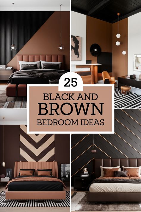 Create a haven of warmth and sophistication with these cozy black and brown bedroom ideas. Explore a range of styles, from minimalist to maximalist, and discover how to incorporate this rich color palette into your bedroom decor. Find inspiration for creating a space that's both inviting and stylish! Black And Brown Accent Wall, Brown Bedroom Set Decor Ideas, Black Brown Bedroom Ideas, Taupe And Black Bedroom, Brown Bedroom Ideas Cozy, Brown Walls Bedroom, Black Brown Bedroom, Chocolate Bedroom Ideas, Burnt Orange Bedroom Ideas