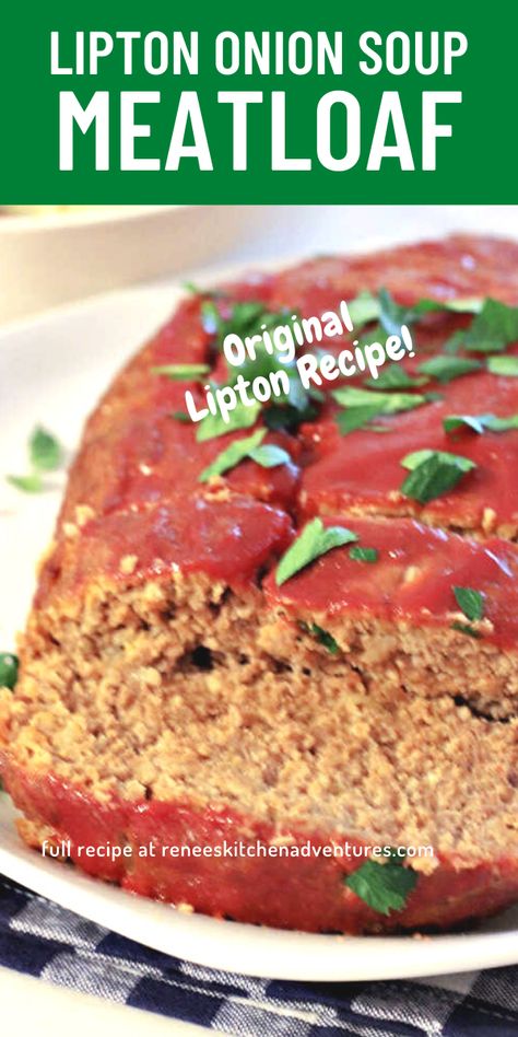 Lipton Onion Soup Meatloaf by Renee's Kitchen Adventures. The original recipe for the retro meatloaf using Lipton Onion soup mix. Just like mom used to make! Meatloaf Onion Soup Mix Recipes, Meatloaf Recipes With French Onion Soup, Meatloaf Using Lipton Onion Soup, Onion Soup Mix Meatloaf Recipes, Superior Meatloaf Lipton, Meatloaf Recipes With Onion Soup Mix Lipton, Meatloaf Recipes Onion Soup, Meatloaf Recipes With Lipton Onion Soup, Meatloaf Mix Recipes