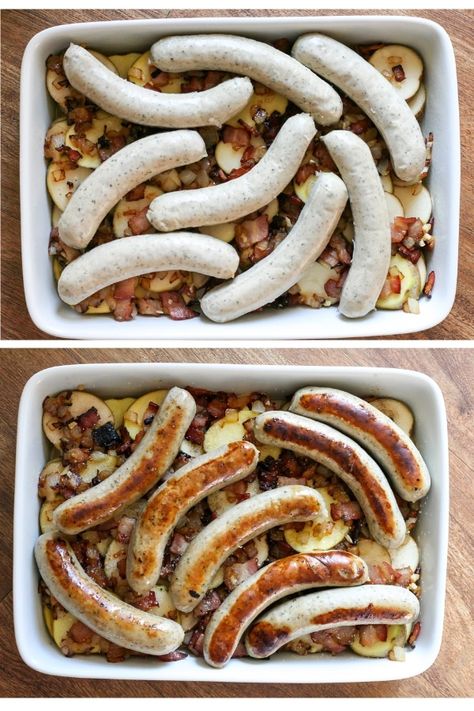 Traditional Irish Dinner, Baked Bratwurst, Irish Dinner, Casserole Kitchen, Oven Baked Bacon, Honey Glazed Carrots, Potatoes In Oven, Easy Sheet Pan Dinners, Sage Sausage