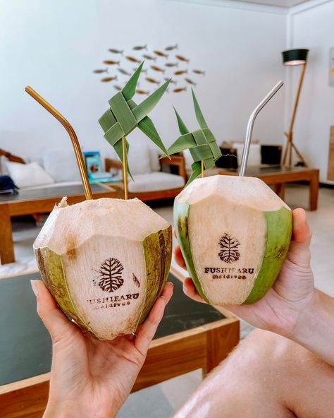 Hawaii Food Ideas, Fushifaru Maldives, Coconut Bar, Maldives Hotel, Coconut Drinks, Coconut Desserts, Juice Packaging, Coconut Bars, Fiesta Tropical