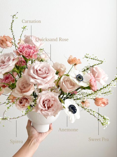 Floral arrangement in shades of pink and white in a white compote Anemone Centerpiece, Whimsical Arrangement, Pink Flower Arrangements, Table Floral Arrangements, Modern Floral Arrangements, Whimsical Romantic, The Romantics, Chloe Rose, Flower Business