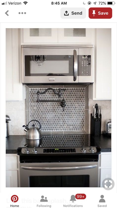 Backsplash Behind Stove With Microwave, Over Stove Faucet, Backsplash Between Stove And Microwave, Pot Filler With Microwave Above, Pot Filler Under Microwave, Faucet Over Stove Pot Filler, Stove Faucet Pot Filler, Faucet Over Stove, Townhouse Remodel