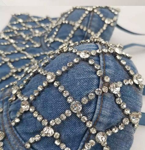 Diamond Bralette, Denim Couture, Denim And Diamonds, Denim Crop Top, Baby Pink Colour, Denim Corset, Trendy Denim, Denim Clothing, Embellished Denim