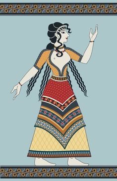 Minoan dress: Minoan women wore bell-shaped skirts that had decorations attached to the cloth in ruffles. Women also wore close-fitting blouses that were cut low in the front to expose the breasts. A tiny waist was prized, so they wore tight belts made of metal, which held their waists in. Minoan Women Clothing, Minoan Clothing, Mycenaean Clothing, Minoan Art, Cradle Of Civilization, Rome Antique, Art Antique, Vector Drawing, Bronze Age