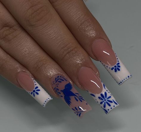 Simple Mexican Nails, Pottery Nails, Hawaii Fits, Grad Nails, Mexican Nails, Nail Design Glitter, Long Acrylic Nails Coffin, Long Square Acrylic Nails, Bling Acrylic Nails