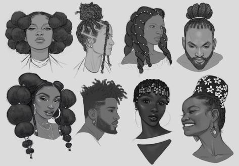 Hair Studies, Drawing Hair Tutorial, Hair Sketch, Black Characters, Body Reference, Afro Art, Hair Reference, Anime Hair, Reference Poses